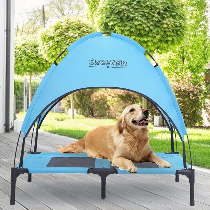 Outdoor Elevated Dog Cot with Canopy & Side Shade